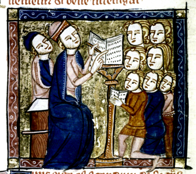 Vida na Universidade. História da Universidade. LE PALMER, Jacobus. William de Nottingham leciona a um grupo de estudantes. Cerca de 1350. Imagem ilustrativa sobre o ensino superior na Idade Média.